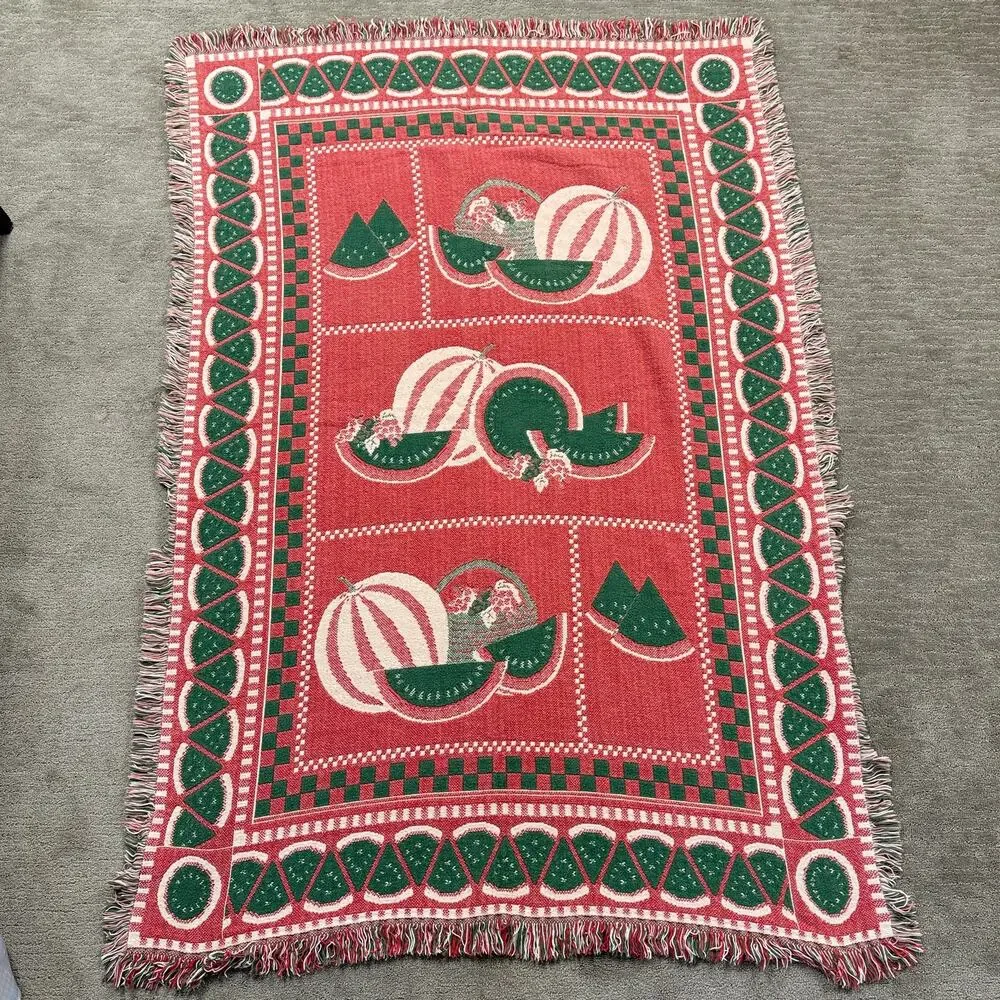 Vintage Watermelon Woven Tapestry Throw Blanket Fringed Summer Fruit 46